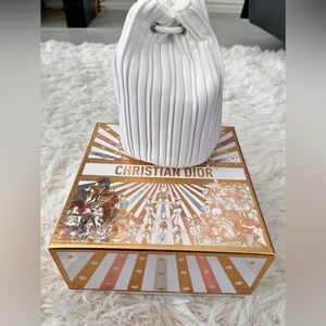 Christian Dior White Pleated Drawstring Bucket Bag with Christian Dior box